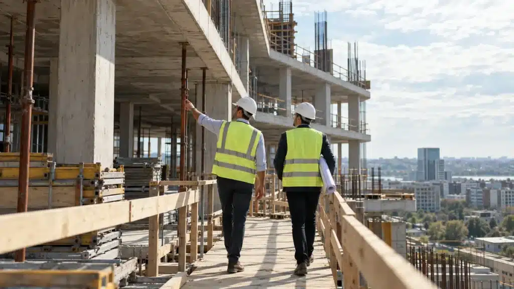 An architect and a developer walk through a concrete building under construction, discussing the project on site.