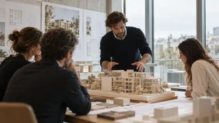 An architect presents a white model of a mid-rise building to two clients in a bright architecture studio.