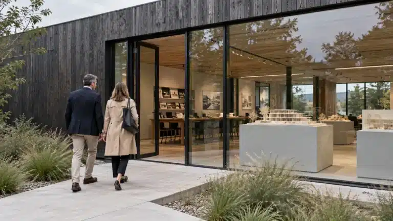 A couple walks toward the glass entrance of a small architecture studio with models visible inside.