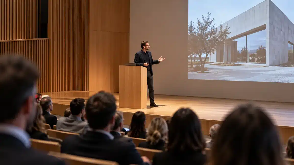 An architect speaks to an audience of industry peers in a timber auditorium.