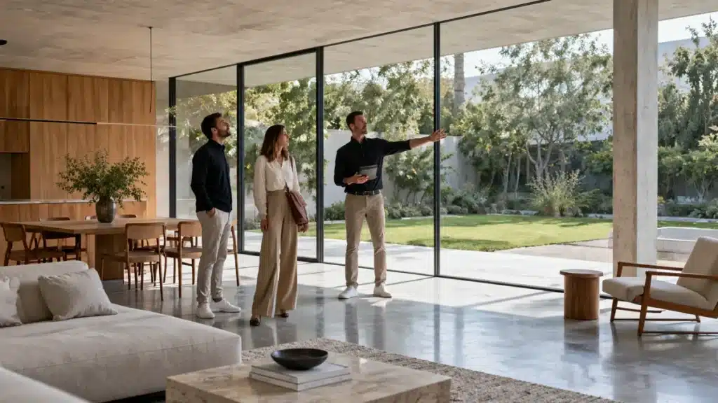 An architect walks a client couple through the bright living space of a finished contemporary house.