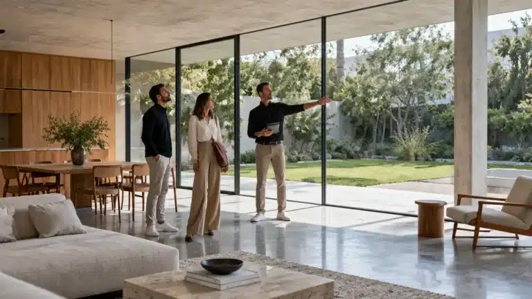An architect walks a client couple through the bright living space of a finished contemporary house.