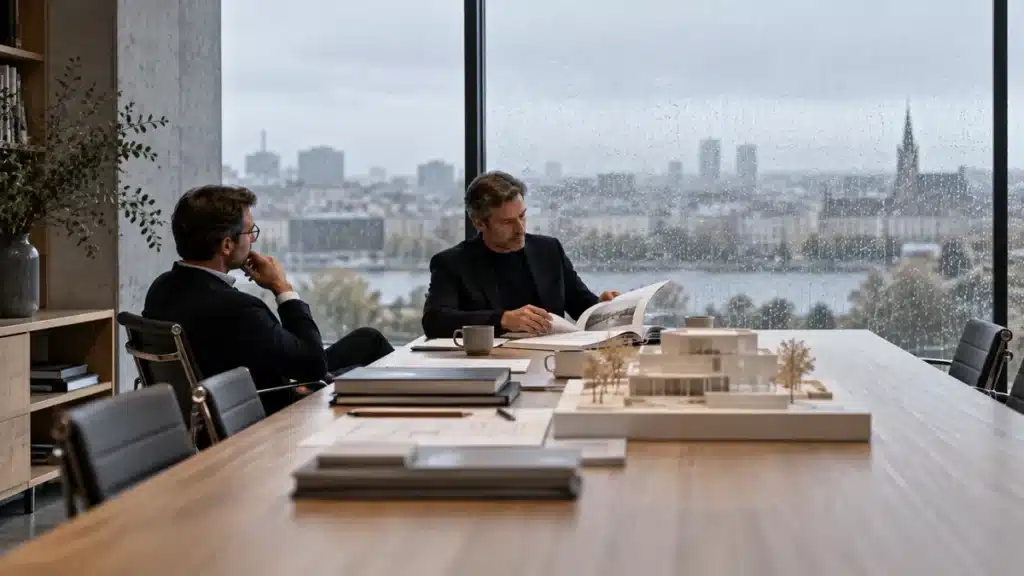 Two architecture firm partners review a printed report at a timber meeting table on a rainy day.