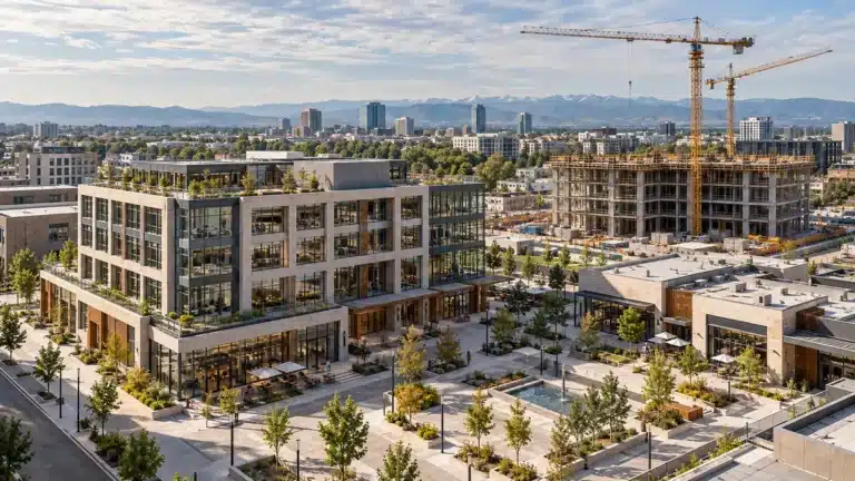 Aerial view of a new mixed-use commercial development with a mid-rise office, retail and a plaza beside two tower cranes.