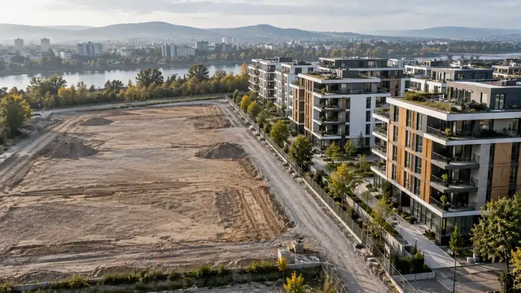 Aerial view of a cleared development site marked with survey stakes next to a finished multifamily building.