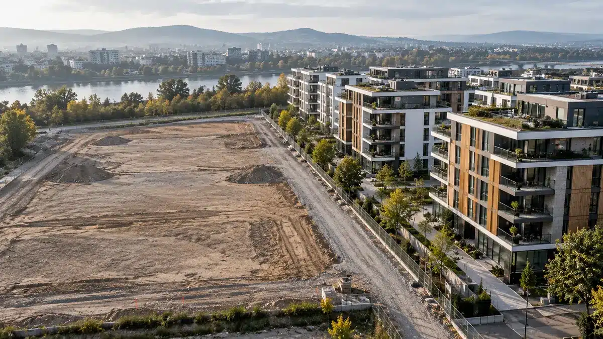 Aerial view of a cleared development site marked with survey stakes next to a finished multifamily building.