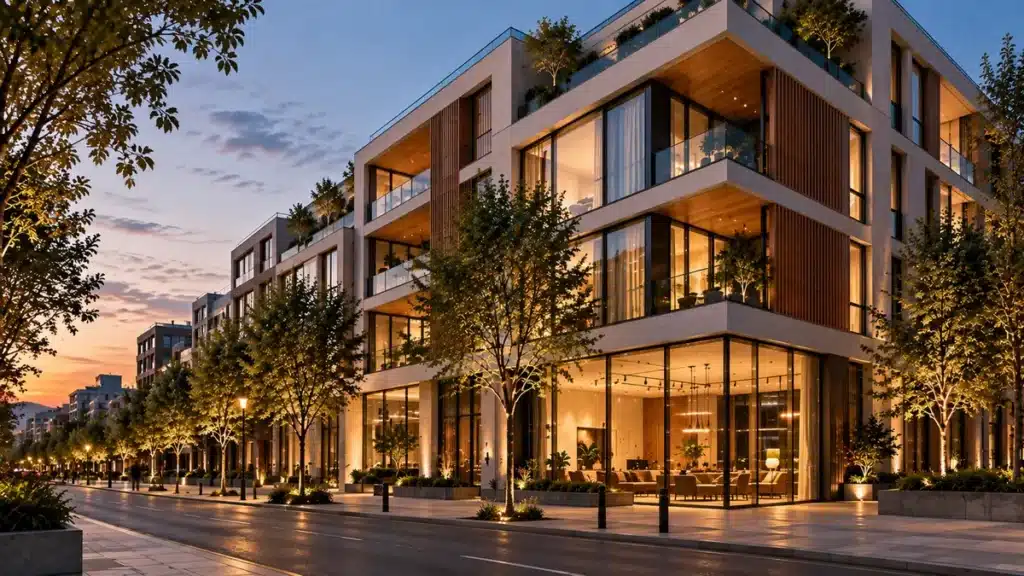 A finished mid-rise building with an open, lit ground floor on a city street in the early evening.