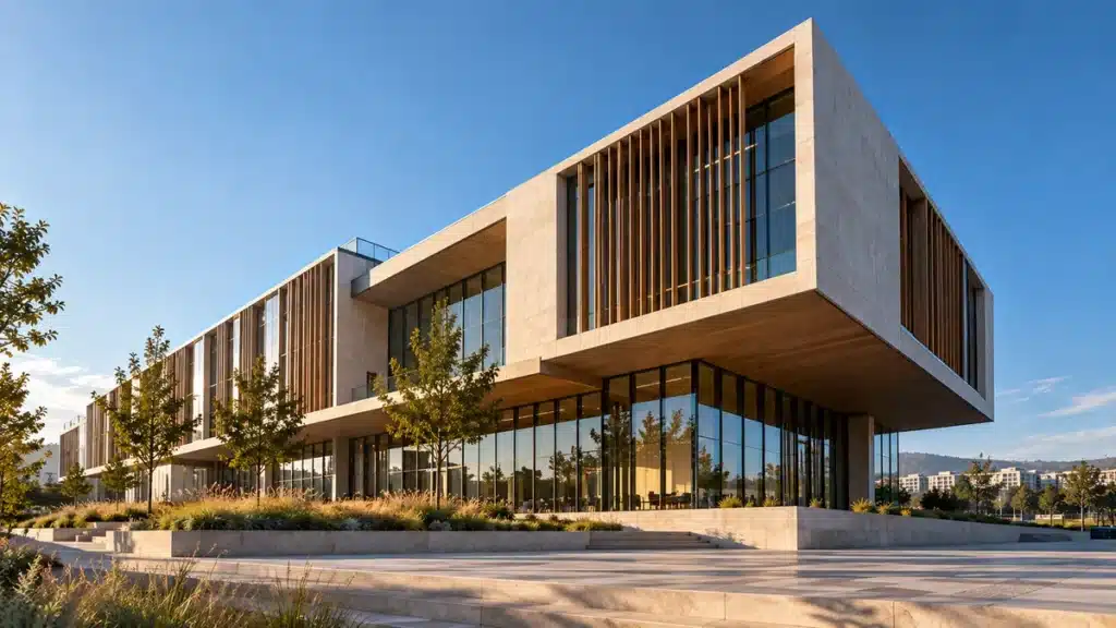 A sculptural concrete building with a cantilevered roof against a clear sky, an example of a distinctive architectural identity.