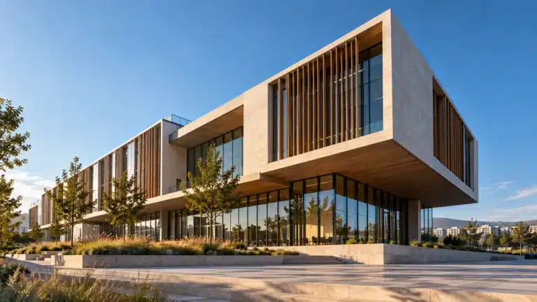 A sculptural concrete building with a cantilevered roof against a clear sky, an example of a distinctive architectural identity.