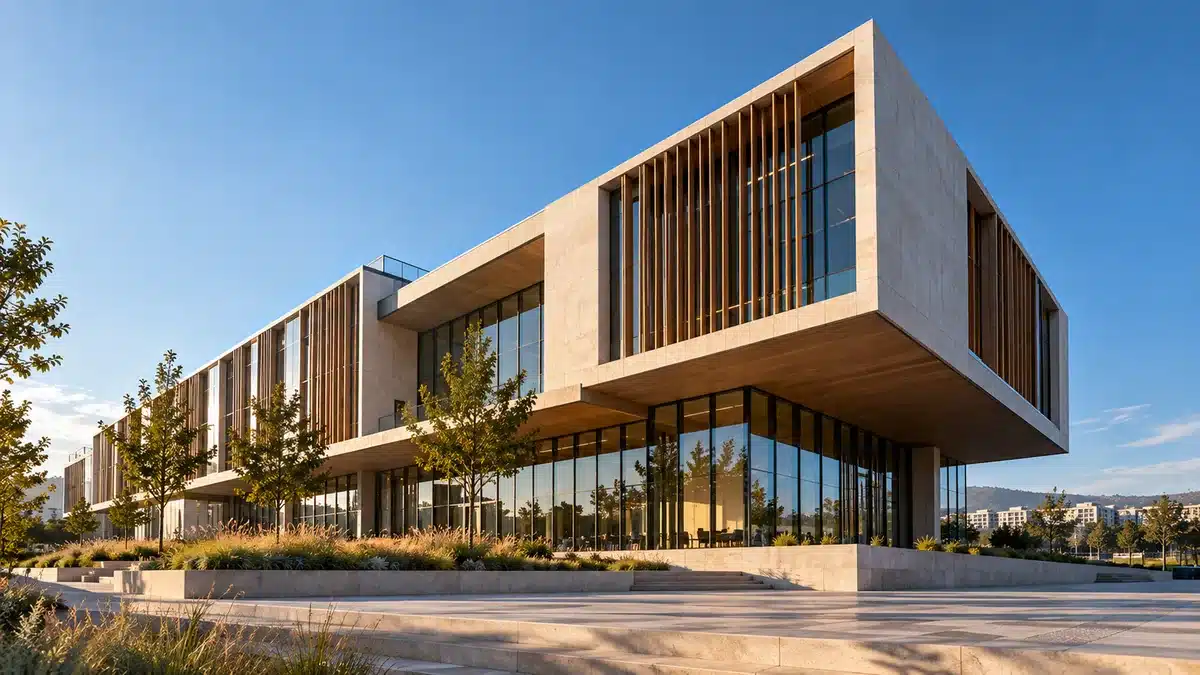 A sculptural concrete building with a cantilevered roof against a clear sky, an example of a distinctive architectural identity.
