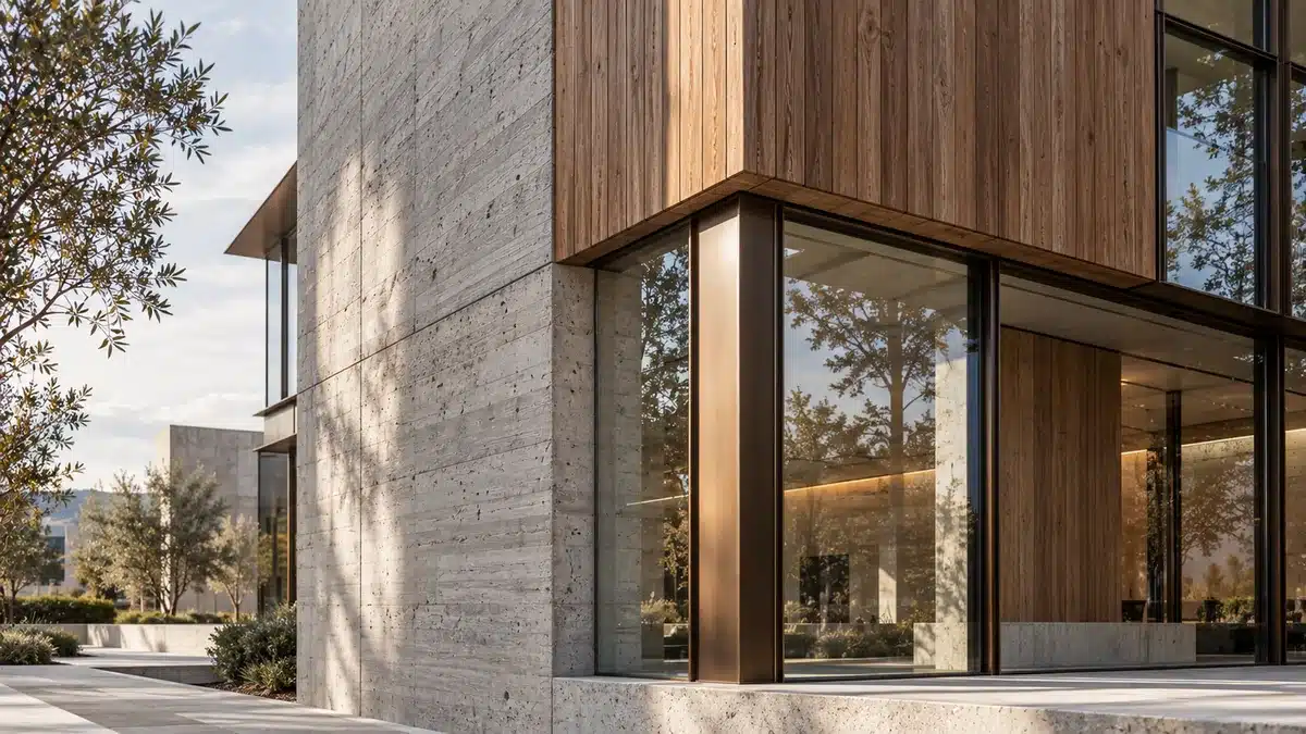 Detail of board-formed concrete, charred timber cladding and a bronze window frame on a contemporary building.