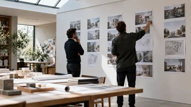 Two architecture firm partners sort printed options into groups on a studio pin-up wall.