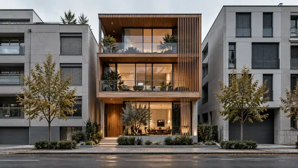 A timber-and-glass building stands out between two plain grey apartment blocks on a city street.