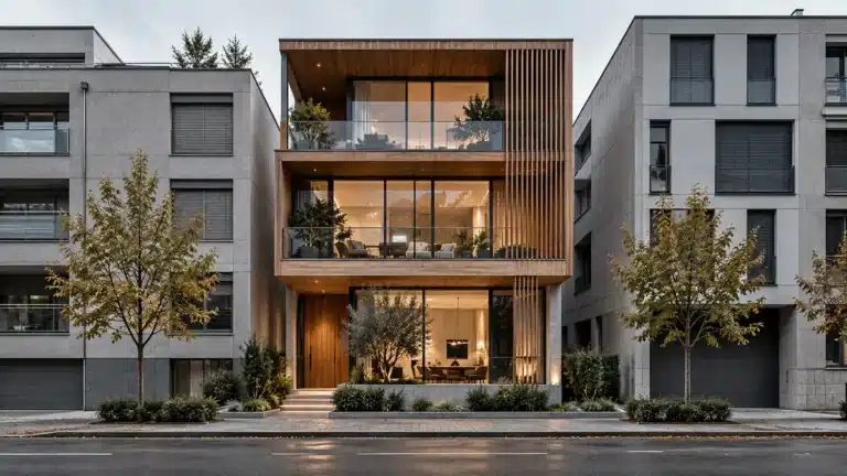 A timber-and-glass building stands out between two plain grey apartment blocks on a city street.