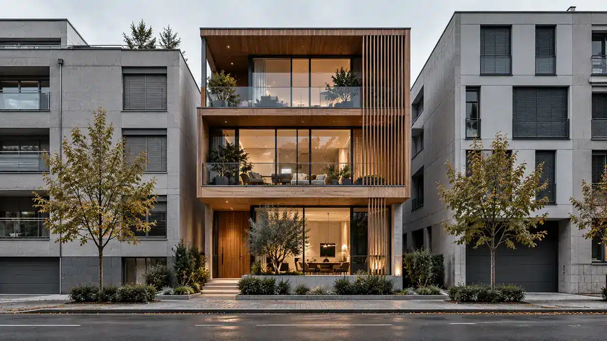 A timber-and-glass building stands out between two plain grey apartment blocks on a city street.