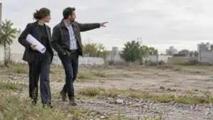 An architect holding a rolled site survey walks a cleared city lot with a developer on an overcast morning