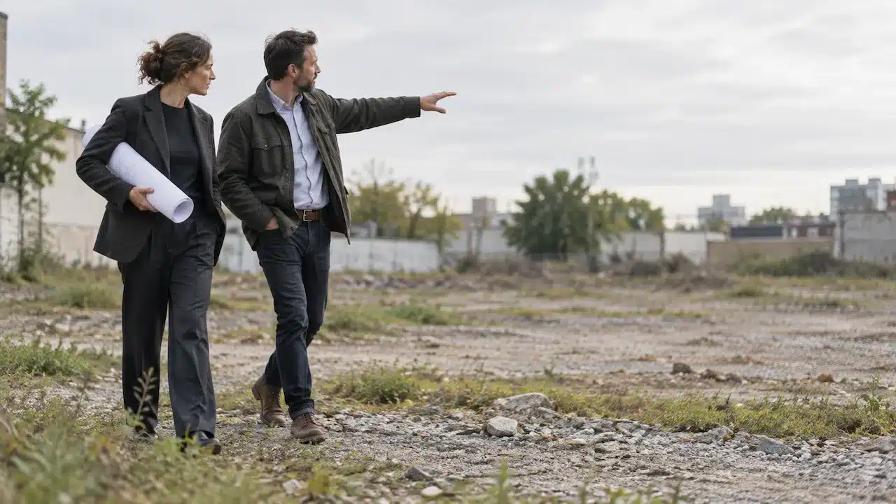 An architect holding a rolled site survey walks a cleared city lot with a developer on an overcast morning