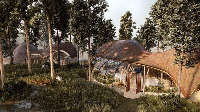 Rendering of timber-arched pavilions among tall trees beside a lake, with a structure diagram and a site plan